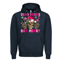 Navy Dead inside but merry pink Christmas skeleton Zipper Hoodie - NancyCooperArtShop