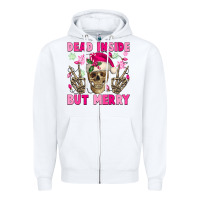 White Dead inside but merry pink Christmas skeleton Zipper Hoodie - NancyCooperArtShop