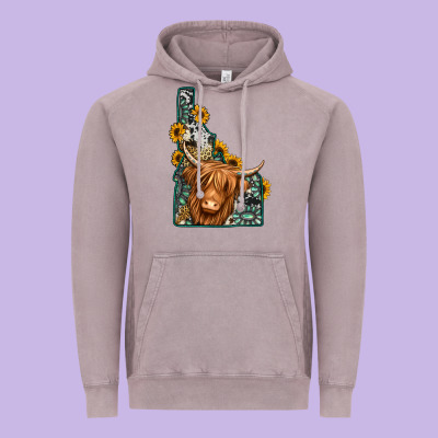 Idaho Map Long Haired Cow Vintage Hoodie Designed By Jasminsmagicworld