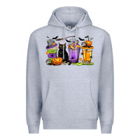 Heather Grey Halloween Cat Coffee Cups Premium Hoodie - texasbilliewilder