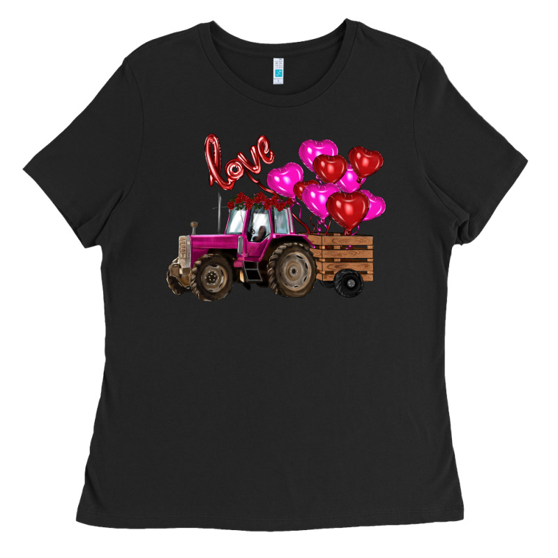 Valentine's Day Pink Tractor With Pin Heart Balloons Ladies Tee by RanaPortraitStore | Teevron