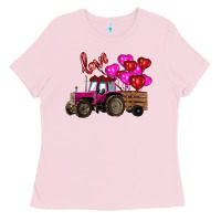 Bubblegum Pink valentine's day pink tractor with pin heart balloons Ladies Tee - RanaPortraitStore