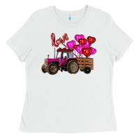 White valentine's day pink tractor with pin heart balloons Ladies Tee - RanaPortraitStore