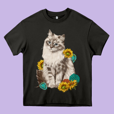 Siberian Cat Sunflower And Gemstone Heavy Core Tee Designed By Texasbilliewilder
