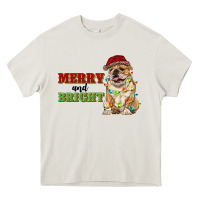 Cream merry and bright english bulldog Heavy Core Tee - RanaPortraitStore