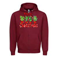 Burgundy Merry Christmas Cactuses Zipper Hoodie - MaliasSmallBusiness