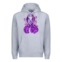 Heather Grey purple ribbon with boxing gloves Premium Hoodie - NancyCooperArtShop