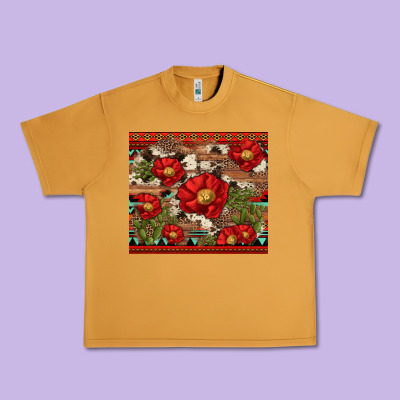 Red Flower And Cactus With Cowhide And Aztec Urban Heavy Tee Designed By Artiststas