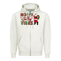 Oatmeal Heather Holly Jolly vibes Christmas with Santa Zipper Hoodie - NancyCooperArtShop