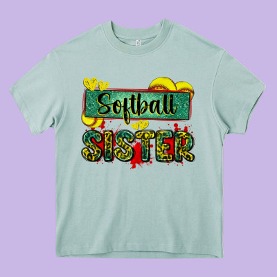 Softball Sister With Leopard Heavy Core Tee Designed By Zillion Design Studio