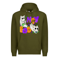 Army Green Hey Boo with Ghost Cats Premium Hoodie - texasbilliewilder