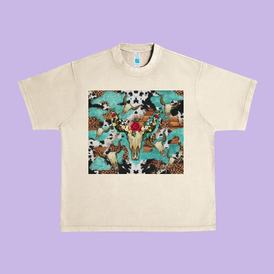 Bull Skull Flowers Cowhides And Leopard Urban Heavy Tee Designed By Artiststas