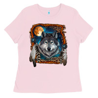 Bubblegum Pink wolf and feathers Ladies Tee - RanaPortraitStore