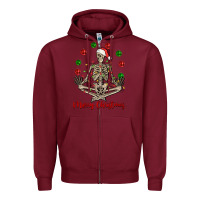 Burgundy Merry Christmas skeleton Zipper Hoodie - NancyCooperArtShop