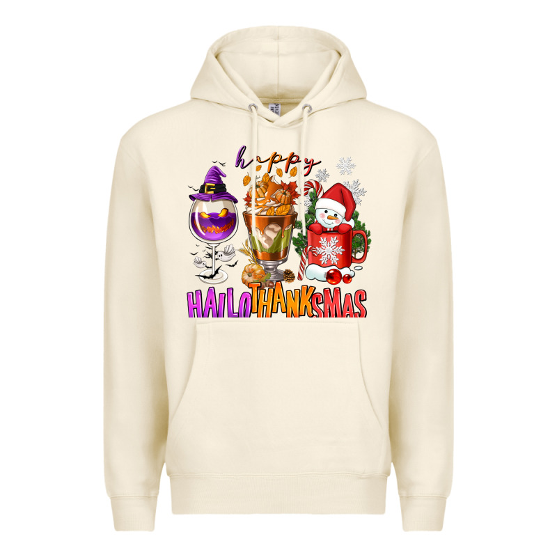 Happy Hallothanksmas Wine Glass And Coffee Premium Hoodie by NancyCooperArtShop | Teevron