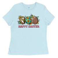Baby Blue happy easter eggs with sunflower leopard and cactus Ladies Tee - RanaPortraitStore