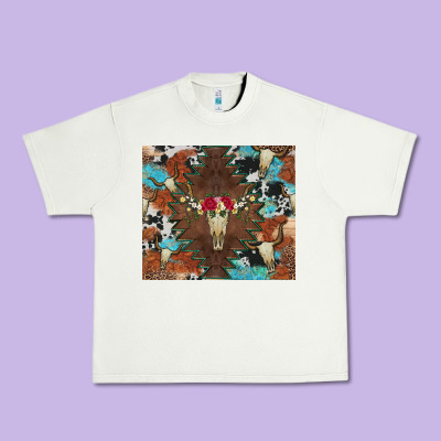 Western Floral Bullskull Cowhide And Leopard Urban Heavy Tee Designed By Artiststas
