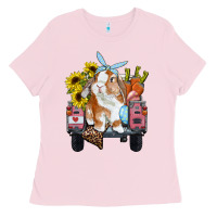 Bubblegum Pink easter truck with bunny sunflowers and eggs Ladies Tee - RanaPortraitStore