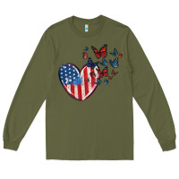 Army Green 4th of july american flag heart butterfly Long Sleeve Tee - MaliasSmallBusiness