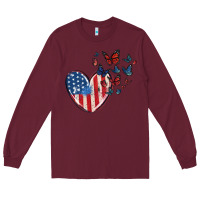 Burgundy 4th of july american flag heart butterfly Long Sleeve Tee - MaliasSmallBusiness