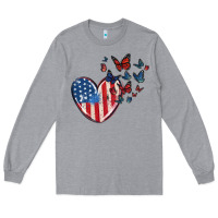 Heather Grey 4th of july american flag heart butterfly Long Sleeve Tee - MaliasSmallBusiness