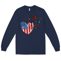 Navy 4th of july american flag heart butterfly Long Sleeve Tee - MaliasSmallBusiness