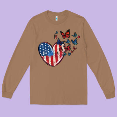 4th Of July American Flag Heart Butterfly Long Sleeve Tee Designed By Maliassmallbusiness