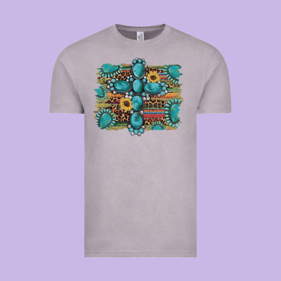 Western Gemstone Cross Sunflowers Serape Leopard Glitter Vintage Tee Designed By Artiststas