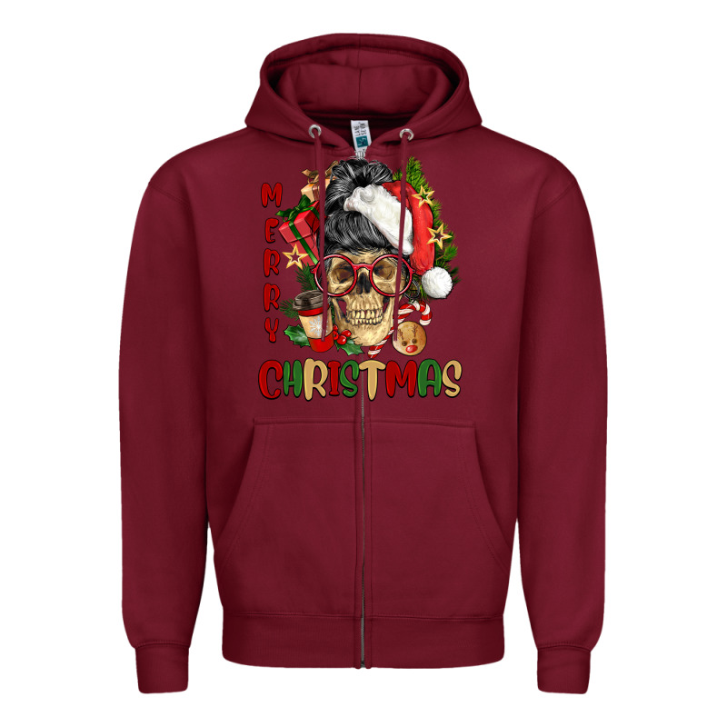 Merry Christmas Skeleton Messy Bun Zipper Hoodie by NancyCooperArtShop | Teevron