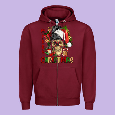 Merry Christmas Skeleton Messy Bun Zipper Hoodie Designed By Nancycooperartshop