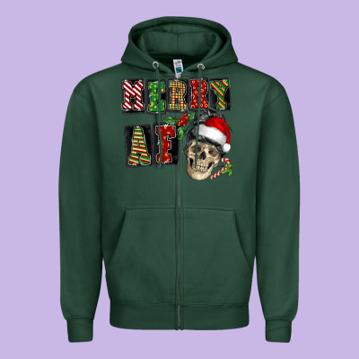 Merry Af Skeleton Messy Bun Zipper Hoodie Designed By Nancycooperartshop