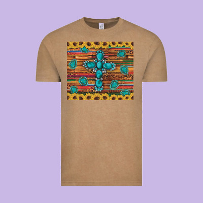 Western Gemstone Cross Sunflowers Leopard Serape Glitter Wooden Tumble Vintage Tee Designed By Artiststas