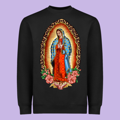 Our Lady Of Guadalupe Leopard And Roses Heavyweight Sweatshirt Designed By Barkaloodesign