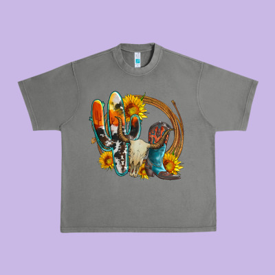 Western Cactus Bullskull And Boots With Sunflowers And Serape Leopard Urban Heavy Tee Designed By Artiststas