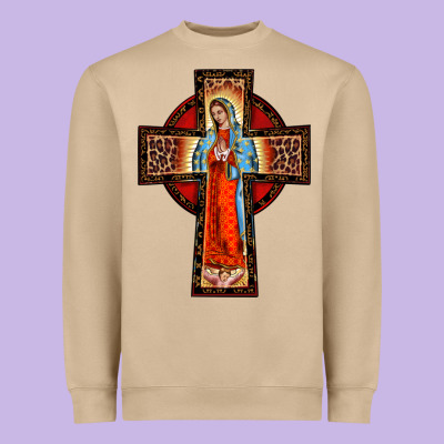Lady Of Guadalupe Leopard Cross Heavyweight Sweatshirt Designed By Barkaloodesign