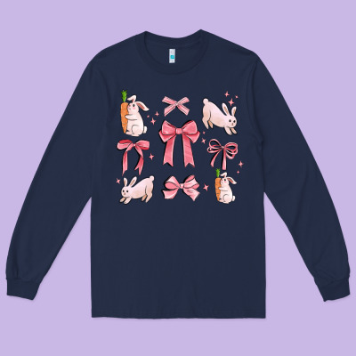 Pink Ribbons With Rabbits Long Sleeve Tee Designed By Maliassmallbusiness