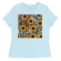 Baby Blue western sunflowers turquoise cowhide seamless background Ladies Tee - RanaPortraitStore