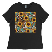 Black western sunflowers turquoise cowhide seamless background Ladies Tee - RanaPortraitStore