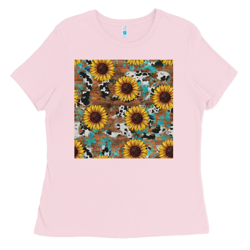 Western Sunflowers Turquoise Cowhide Seamless Background Ladies Tee by RanaPortraitStore | Teevron