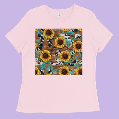 Western Sunflowers Turquoise Cowhide Seamless Background Ladies Tee Designed By Ranaportraitstore