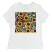 White western sunflowers turquoise cowhide seamless background Ladies Tee - RanaPortraitStore