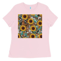 Bubblegum Pink western sunflowers turquoise cowhide seamless background Ladies Tee - RanaPortraitStore