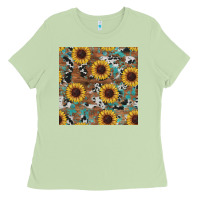 Matcha western sunflowers turquoise cowhide seamless background Ladies Tee - RanaPortraitStore