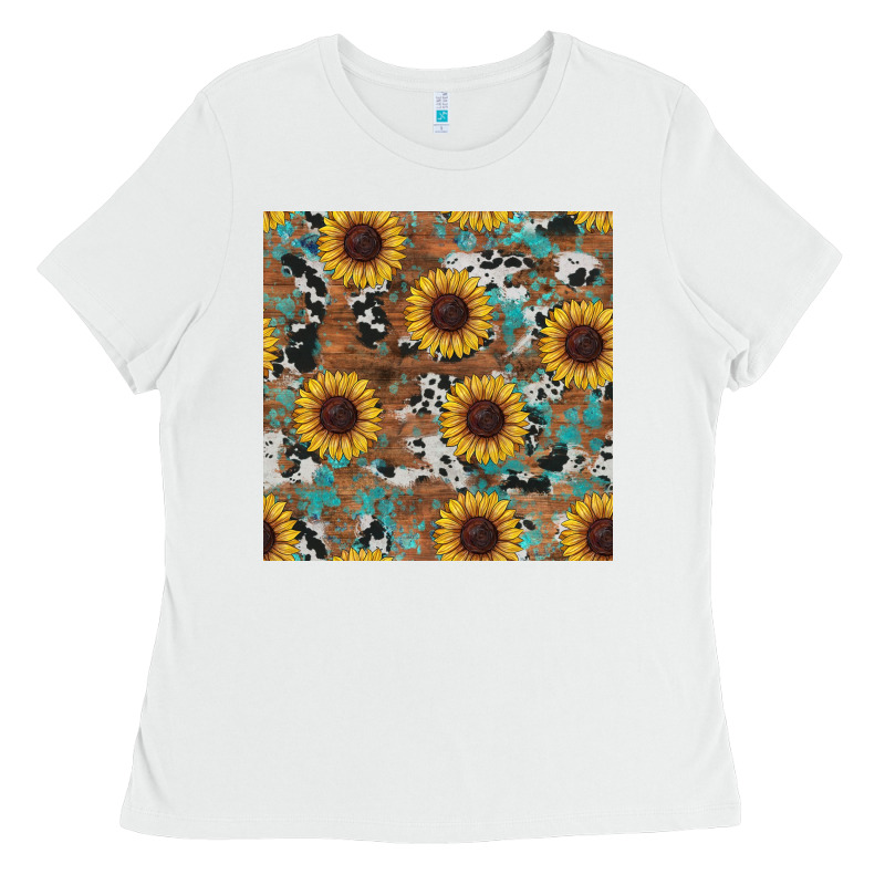 Western Sunflowers Turquoise Cowhide Seamless Background Ladies Tee by RanaPortraitStore | Teevron