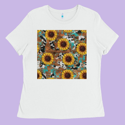 Western Sunflowers Turquoise Cowhide Seamless Background Ladies Tee Designed By Ranaportraitstore