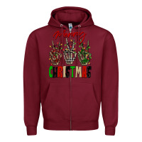 Burgundy Merry Christmas skeleton hands Zipper Hoodie - NancyCooperArtShop