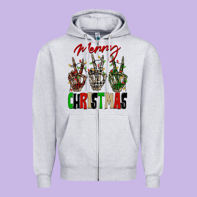 Merry Christmas Skeleton Hands Zipper Hoodie Designed By Nancycooperartshop