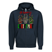 Navy Merry Christmas skeleton hands Zipper Hoodie - NancyCooperArtShop