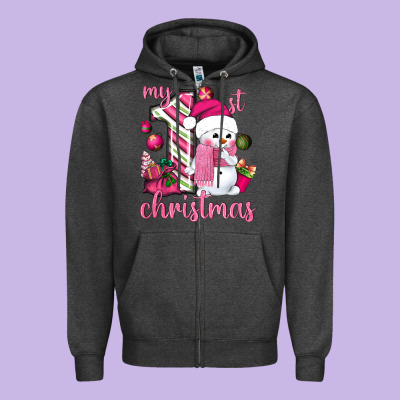 My 1st. Pink Christmas With Cute Snowman Zipper Hoodie Designed By Nancycooperartshop
