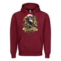 Burgundy Merry Christmas skeleton with black cat Zipper Hoodie - NancyCooperArtShop